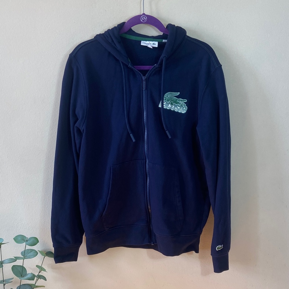 Lacoste SH5088 Unbrushed Fleece Zip Hoodie Navy Green Graphic Crocodile Men's L